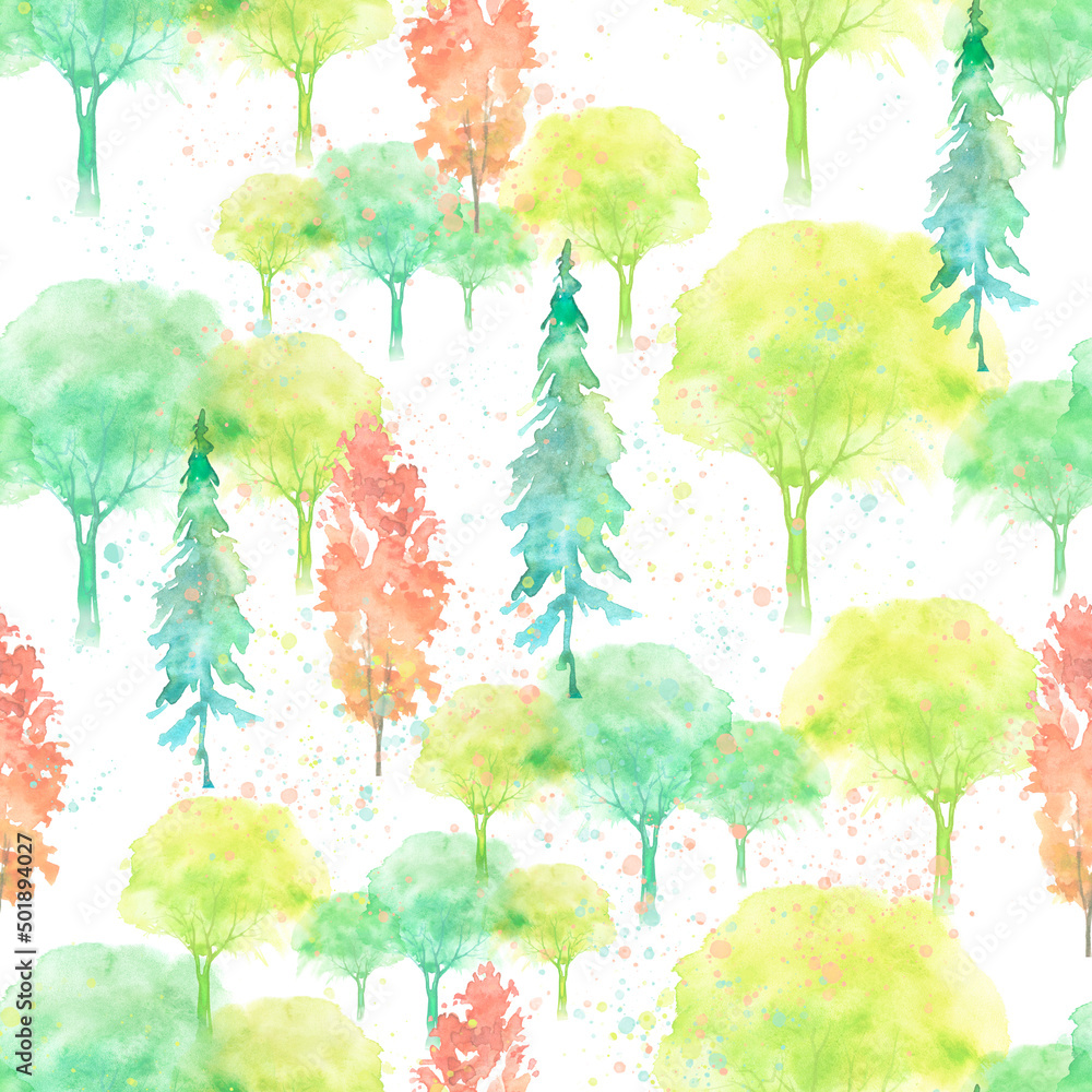 Watercolor autumn trees . Autumn forest,hill. Watercolor art background. Beautiful splash of paint. Abstract creative seamless background. Country landscape, park. Eco.  fabric, material, scarf