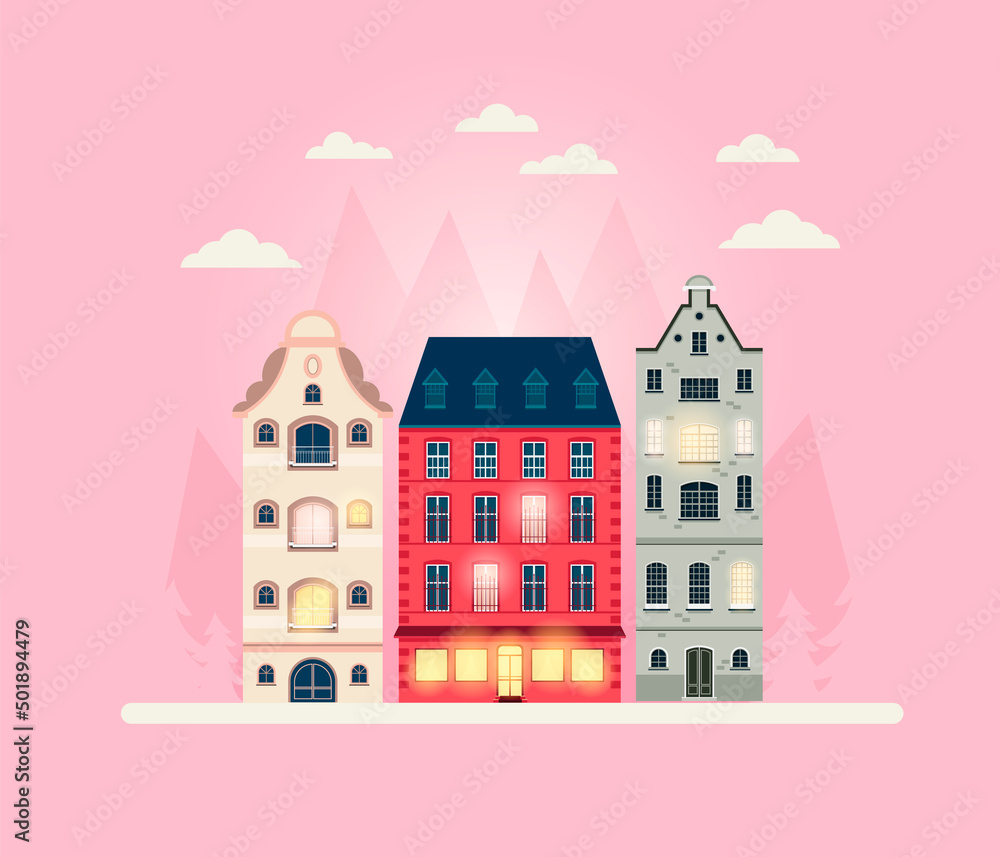 Vector illustration amsterdam fairy house. Scandinavian mountain town