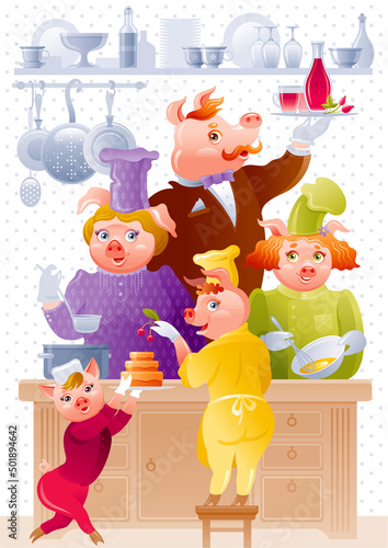 Chef cook cartoon kid vector. Cute food kitchen illustration. Girl and boy piglets in chef hat. Pig animal character for children. Happy and funny little restaurant background. Fun for cooking, baking