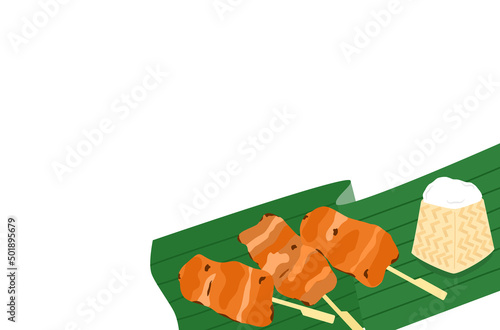 ‘Moo ping’ is Thailand local street food vector, grilled pork with sticky rice on banana leaf vector, delicious roasted pork skewers vector, Thai food on white background, Tasty Thai breakfast meal.