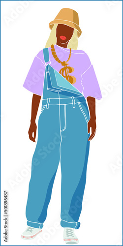 Young hip hop girl. Street fashion. Girl in denim overalls and panama. American hip hop for lifestyle design. Flat design. Cartoon style.