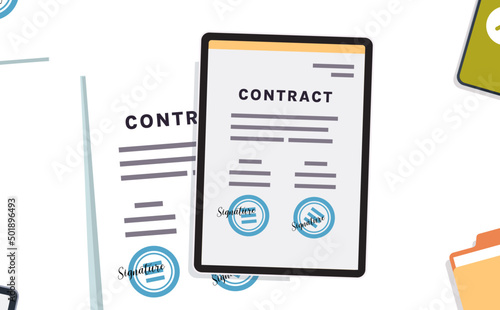 Contract closing agreement with paper and digital signature stamp flat vector illustration.
