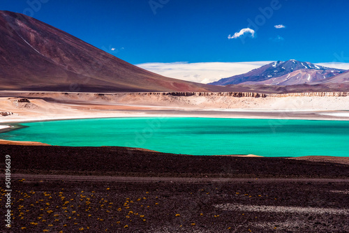 Laguna Verde (Green Lagoon) with emerald waters is located 4200 meters above sea level, surrounded by volcanoes and mountains. Copiapo, Atacama, Chile. Atacama Desert. photo