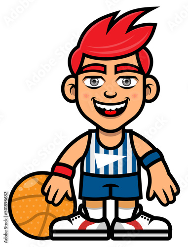 Cartoon illustration of A boy wearing basketball jersey and playing a ball, best for mascot, logo, and sticker with basketball competition themes