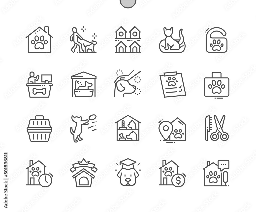 Pets hotel. Veterinary care. Grooming. Pets room. Dog training. Pixel Perfect Vector Thin Line Icons. Simple Minimal Pictogram