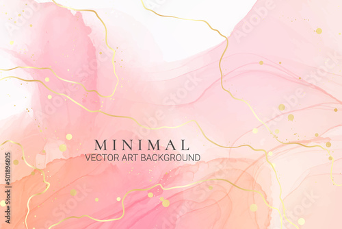 Rose pink liquid watercolor background with golden dots. Dusty blush marble alcohol ink drawing effect. Vector illustration design template for wedding invitation, menu, rsvp