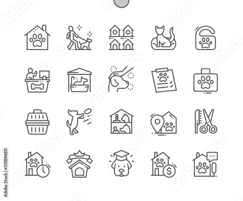 Pets hotel. Veterinary care. Grooming. Pets room. Dog training. Pixel Perfect Vector Thin Line Icons. Simple Minimal Pictogram