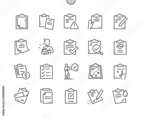 Clipboard. Contract, results, checklist. Page, list, paper and document. Pixel Perfect Vector Thin Line Icons. Simple Minimal Pictogram
