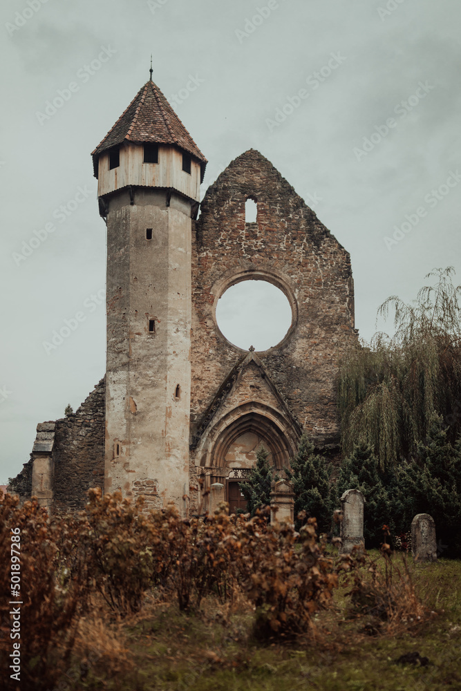 Vertical shot of old ruined church