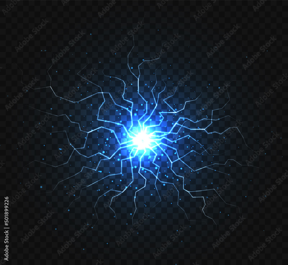 Electric ball and lightning strike. Lightning flash light thunder spark effect. Stock Vector