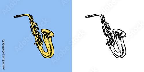 Saxophone. Musical wind instrument. Hand drawn sketch in vintage doodle style.