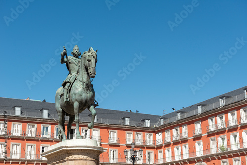 Madrid, Spain - April 16, 2022: Statue of Philip III, Plaza Mayor in Madrid.