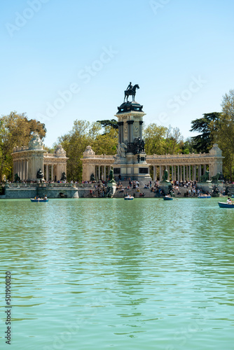 Madrid, Spain - April 16, 2022: Retiro pond, monument to Alfonso XII