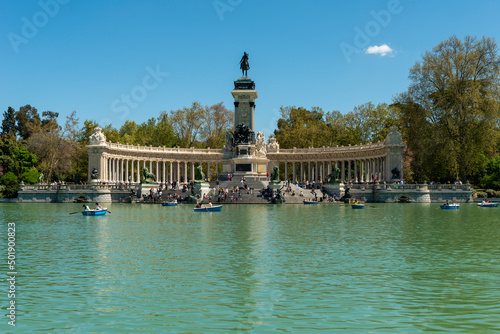 Madrid, Spain - April 16, 2022: Retiro pond, monument to Alfonso XII