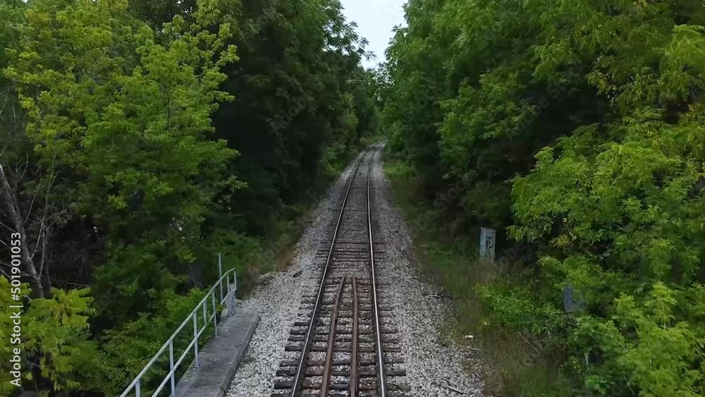 HD Drone Flight in Green Lush Forest over Railroad Train Tracks Infrastructure leading away from main Roads and Suburban Inner City HD Drone Flight in Green Lush Forest over Railroad Train Tracks Infrastructure leading away from main Roads and Suburban Inner City