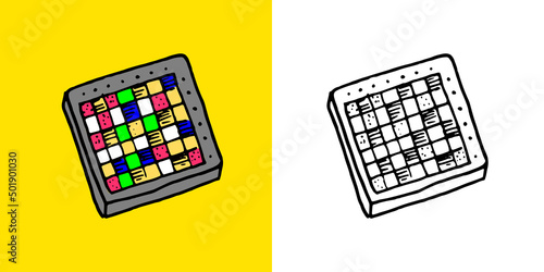 Drum machine or midi sampler. Producer equipment. Musical instrument. Hand drawn sketch in vintage doodle style.
