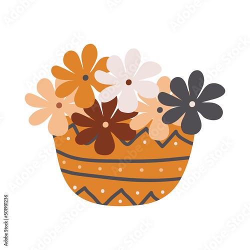 A cute concept in cartoon style. Vector flowers in a boho-style pot in a pastel palette. Design for a children's holiday, website, poster, invitation, nursery, clothing, packaging, gift, postcard.