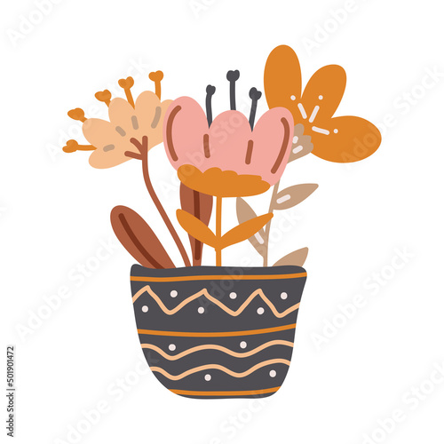 Cute concept in cartoon style. Vector flowers in a boho-style pot in a pastel palette. Design for a children's holiday, website, poster, nursery, clothing, packaging, gift, postcard, nursery.