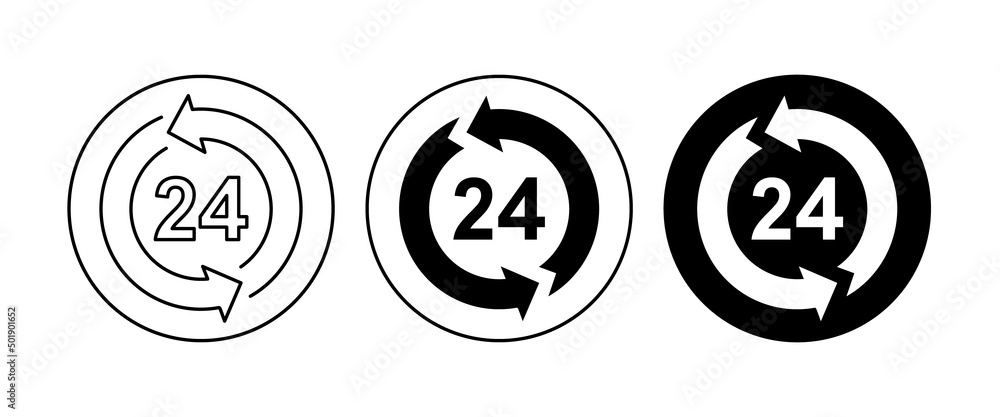 24 Hours a day service icon, All day cyclic sign, symbol, logo, illustration, editable stroke, flat design style isolated on white
