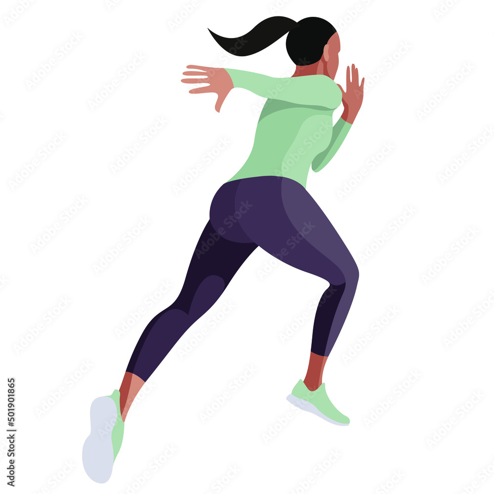 vector illustration of a beautiful slender girl in a sports uniform (leggings and a sports bra) is engaged in fitness, sports, trains isolated on a white background. woman runs. morning run. jogging