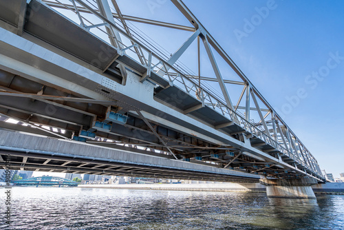 隅田川に架かる鉄橋 つくばエクスプレス 上野東京ライン 青空