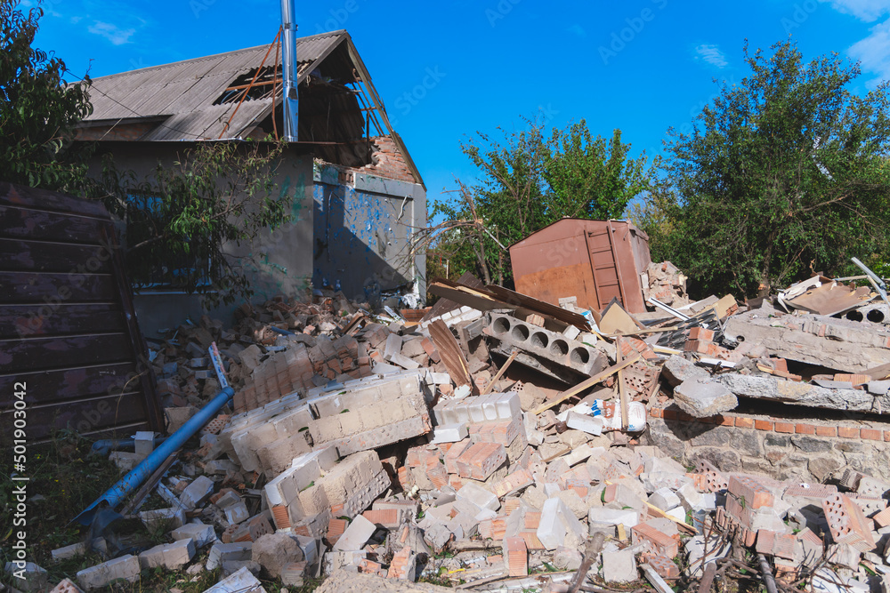 Destroyed residential private house due to explosion. The collapse of a