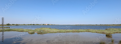 panorama of the Venetian lagoon near the island of Venice and in the distance the village called MESOLE