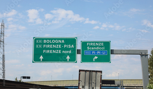 motorway sign with directions to the Italian cities Bologna Scandicci Pisa and the ring road called FI-PI-Li which are the initials of the places FIRENZE PISA LIVORNO photo