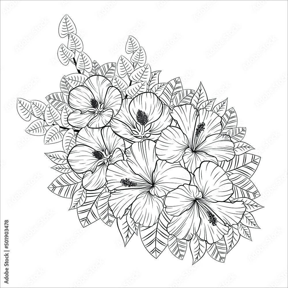 Plant composition. Drawn beautiful flowers in line art style. Vector graphics. Linear drawing of blooming flowers on a white background.