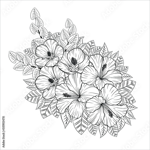 Plant composition. Drawn beautiful flowers in line art style. Vector graphics. Linear drawing of blooming flowers on a white background.