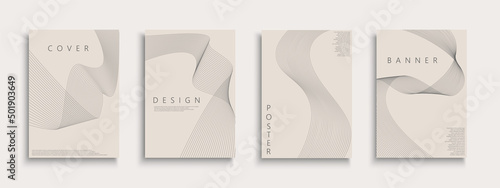 Collection of stylish monochrome covers, templates, backgrounds, placards, brochures, banners, flyers and etc. Striped beige posters. Creative minimalistic design - abstract wavy lines