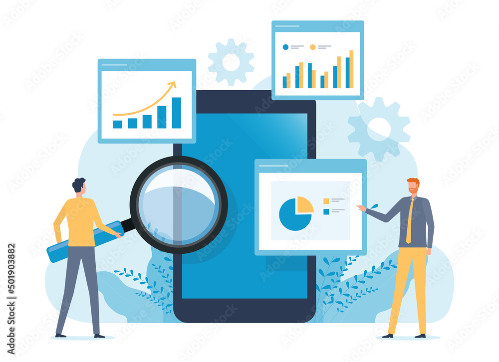 business people analytics and monitoring report dashboard on mobile phone application monitor concept and flat vector illustration design data analytics research for business finance planning. business people analytics and monitoring report dashboard on mobile phone application monitor concept and flat vector illustration design data analytics research for business finance planning.