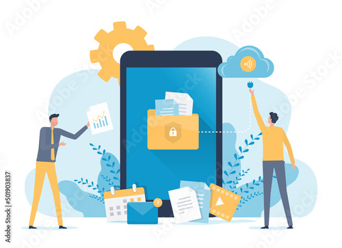 Business technology mobile cloud computing service and technology file upload backup on cloud server storage concept with team administrator and developer working 