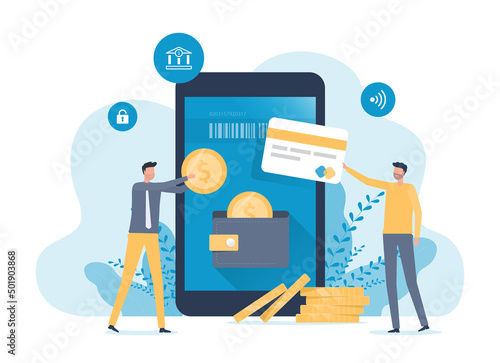 Flat vector business technology mobile wallet and online payment with smartphone concept and mobile banking concept 