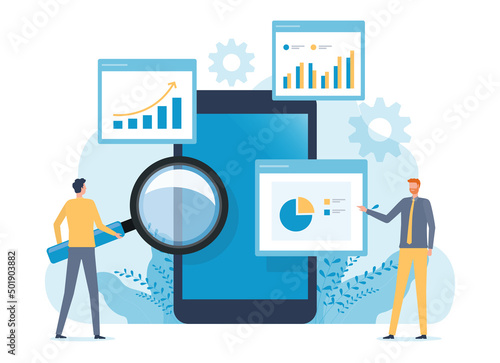 business people analytics and monitoring report dashboard on mobile phone application monitor concept and flat vector illustration design data analytics research for business finance planning.