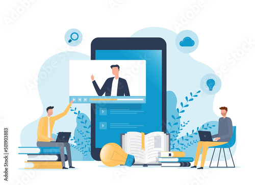 vector illustration design online education and E-learning at home by webinar training and design for Webinar, online video training, tutorial podcast and business coaching concept.