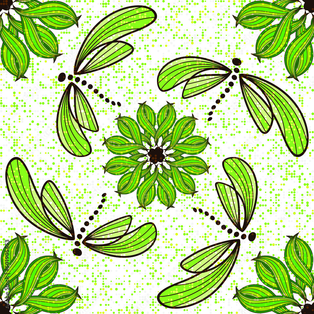 Spring green pattern with stylized dragonflies and flowers on a ...