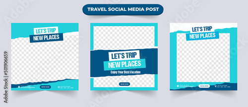 Flat vacation tour and travel sale social media post banner with editable photo for traveling agency business promotion design template