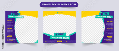 Holiday tour and travel sale social media post banner with editable photo for traveling agency business promotion design template