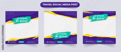 Set of tour and travel sale social media post banner with editable photo for traveling agency business promotion design template