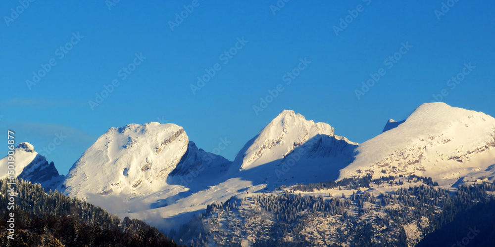 Snowy peaks of the Swiss alpine mountain range Churfirsten (Churfürsten or Churfuersten) in the Appenzell Alps massif, Nesslau - Obertoggenburg region, Switzerland (Schweiz)