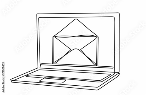 Laptop and envelope e mail list building illustration continuous one line art illustration. Can used for logo, emblem, slide show and banner. 