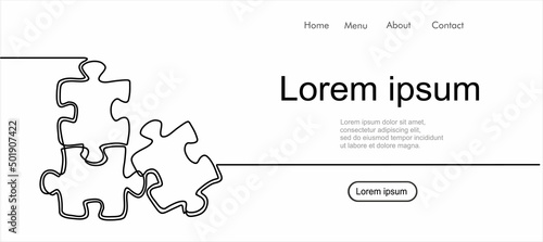 Continuous one line drawing of a two piece jigsaw on a white background. Puzzle game symbol and iconic business metaphor for problem solving, solution and strategy. 