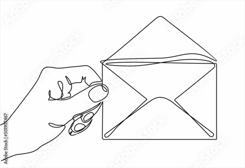 continuous line drawing of hand holding an envelope. Can used for logo, emblem, slide show and banner. Illustration with quote template. One line vector illustration. Order a banner for one line.