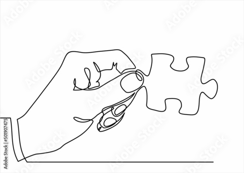 continuous line drawing of hand holding puzzle piece as a solution.Business matching - connecting puzzle elements.  Puzzle game symbol and iconic business metaphor for problem solving, solution.