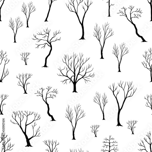 Naked trees pattern. Seamless print with black plant trunks and branches silhouette. Dry forest. Botanical background. Dead deciduous woodland. Winter nature landscape. Vector texture