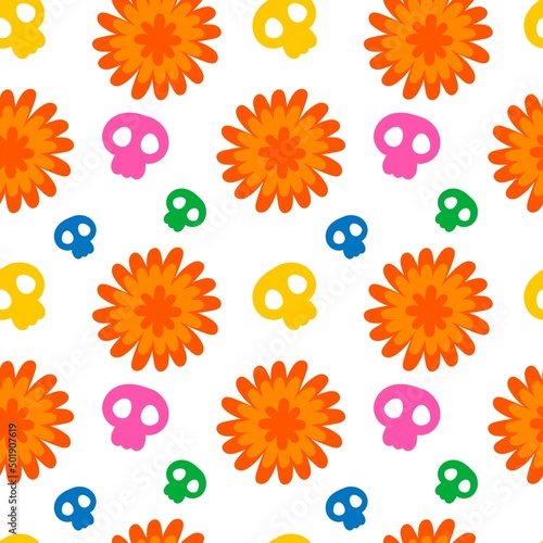 Marigolds pattern with colorful skulls on the white background cartoon vector pattern.