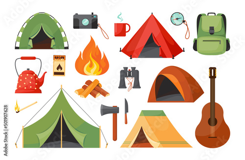 Picnic on nature. Summer holiday outdoor adventure trip. Conceptual spring hipster travel. Hiking tools. Bonfire and firewood. Camping tents. Backpack and compass. Vector campsite set