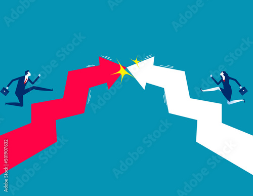 Business and partner with arrows collide. Business conflict concept