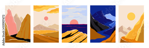 Abstract Boho landscape. Minimalistic retro posters with mountains and rivers. Day or night sceneries. Cliffs and sun in sky. Scenic panoramas. Rocks and water. Vector nature scenes set